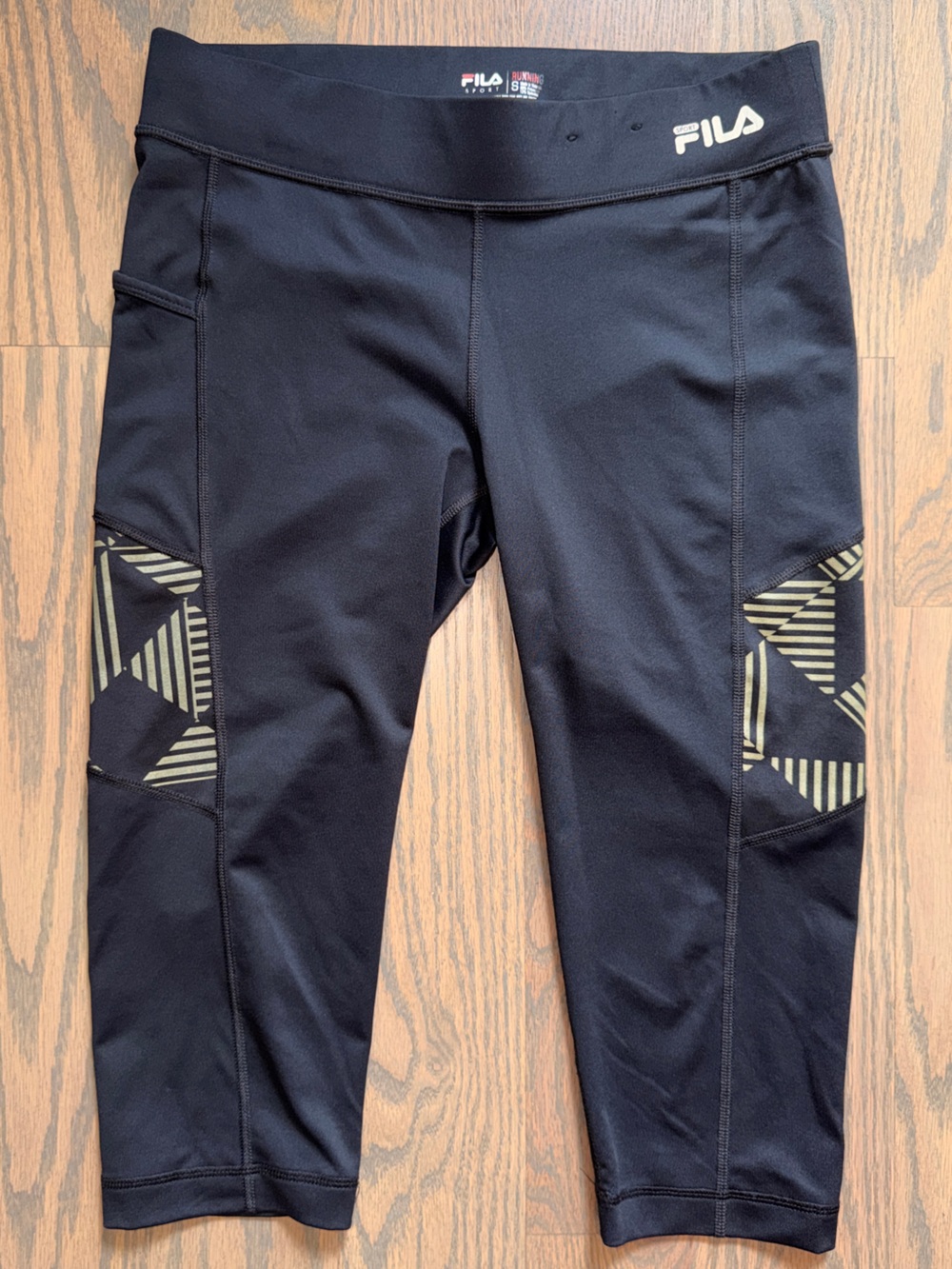 Fila Black Capri Leggings with Olive Geometric Reflective Panels